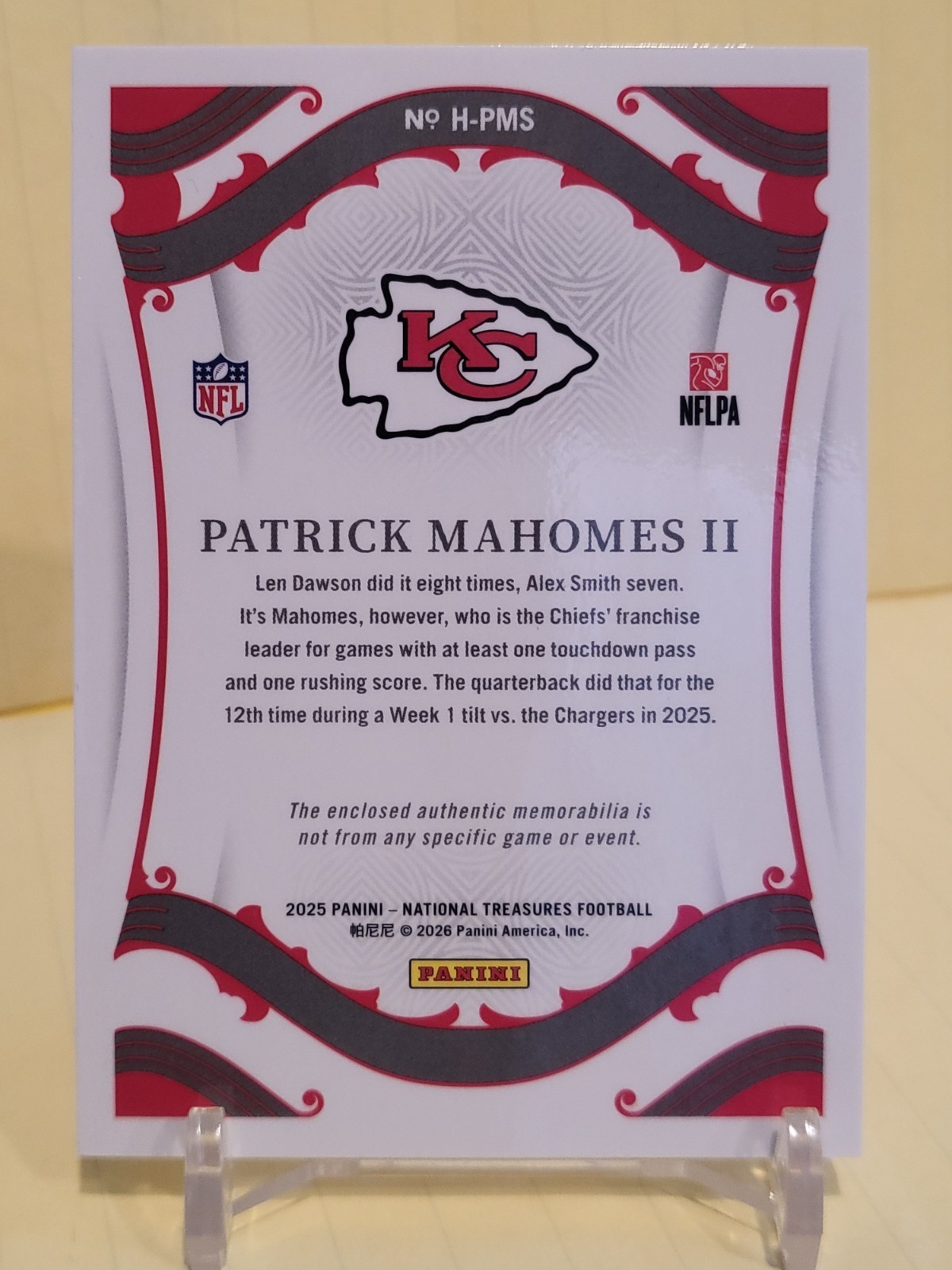 2025 NATIONAL TREASURES PATRICK MAHOMES II HEIRLOOMS PATCH # H-PMS 7/10 WELL CEN view 7