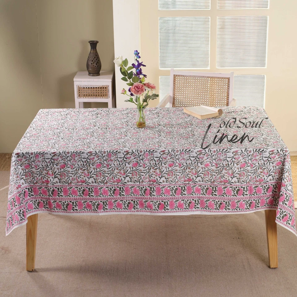 Hand Block Printed Cotton Tablecloth Pink Floral Dining Room Decor Table Cover - Image 2 of 4