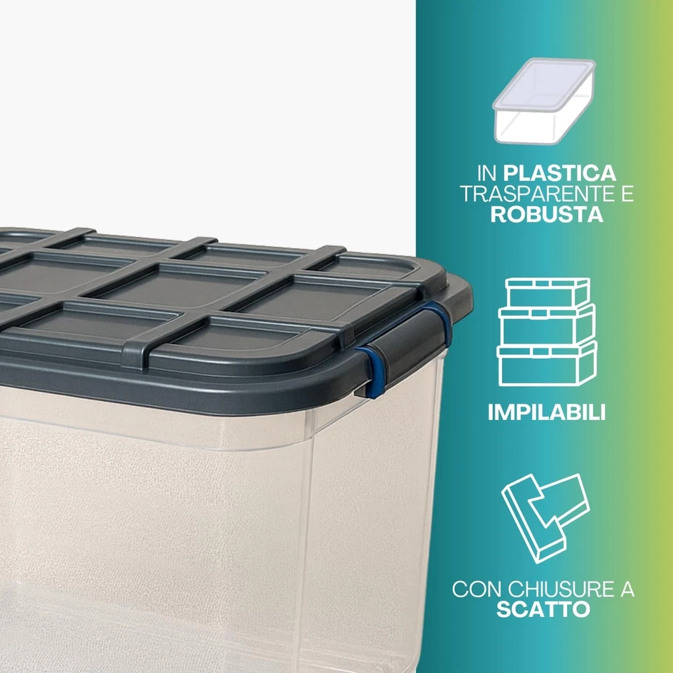 2x, 4x, 8x Contenitore In Plastica Trasparente 59 L Con Coperchio Multiuso 112F - Immagine 3 di 4