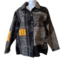 VTG Chico's Design Jacket Black Gray Embroidered Patchwork Art To Wear Size 2 L