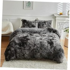 Faux Fur Plush White Comforter Set Fluffy Fuzzy Shaggy Full Tie Dye Dark Grey