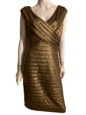 XSCAPE WOMAN winter a line dress multiple pleated metallic cooper knit Vneck 16W