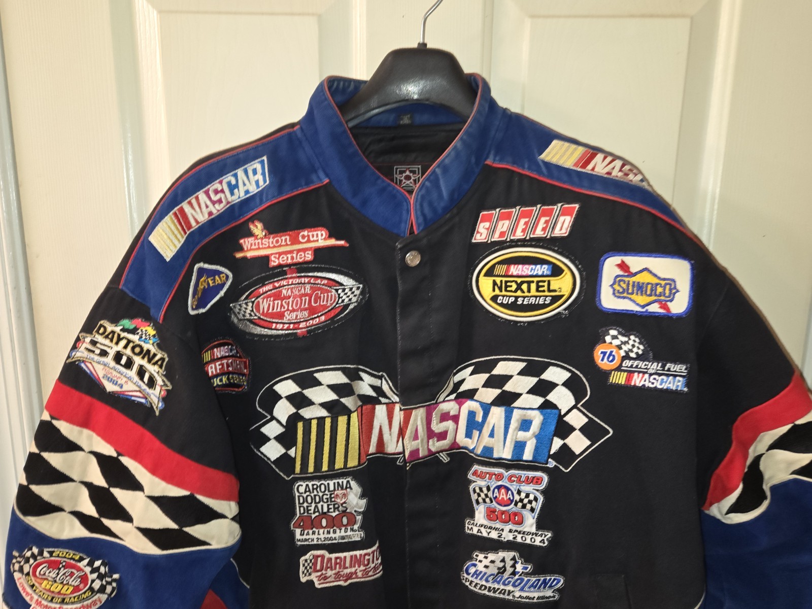 VTG JH DESIGN NASCAR RACING  JACKET CUSTOMIZED MANY PATCHES SIZE XL BLUE BLACK