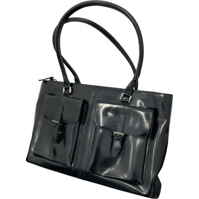 Harvey Nichols Black Leather Satchel Bag Double Pocket Chic Classic - Image 1 of 4