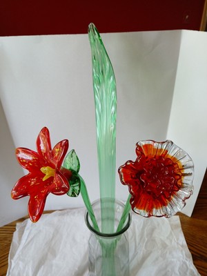 3 Hand Blown Glass Flowers-leaf , Red LILLY, GREEN LEAF, CRIMPED Carnation 