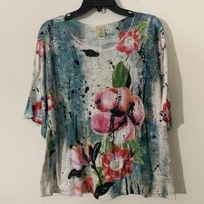 Jess & Jane Women’s Blouse L Multi Color Floral Embellished Cold Shoulder Dolman