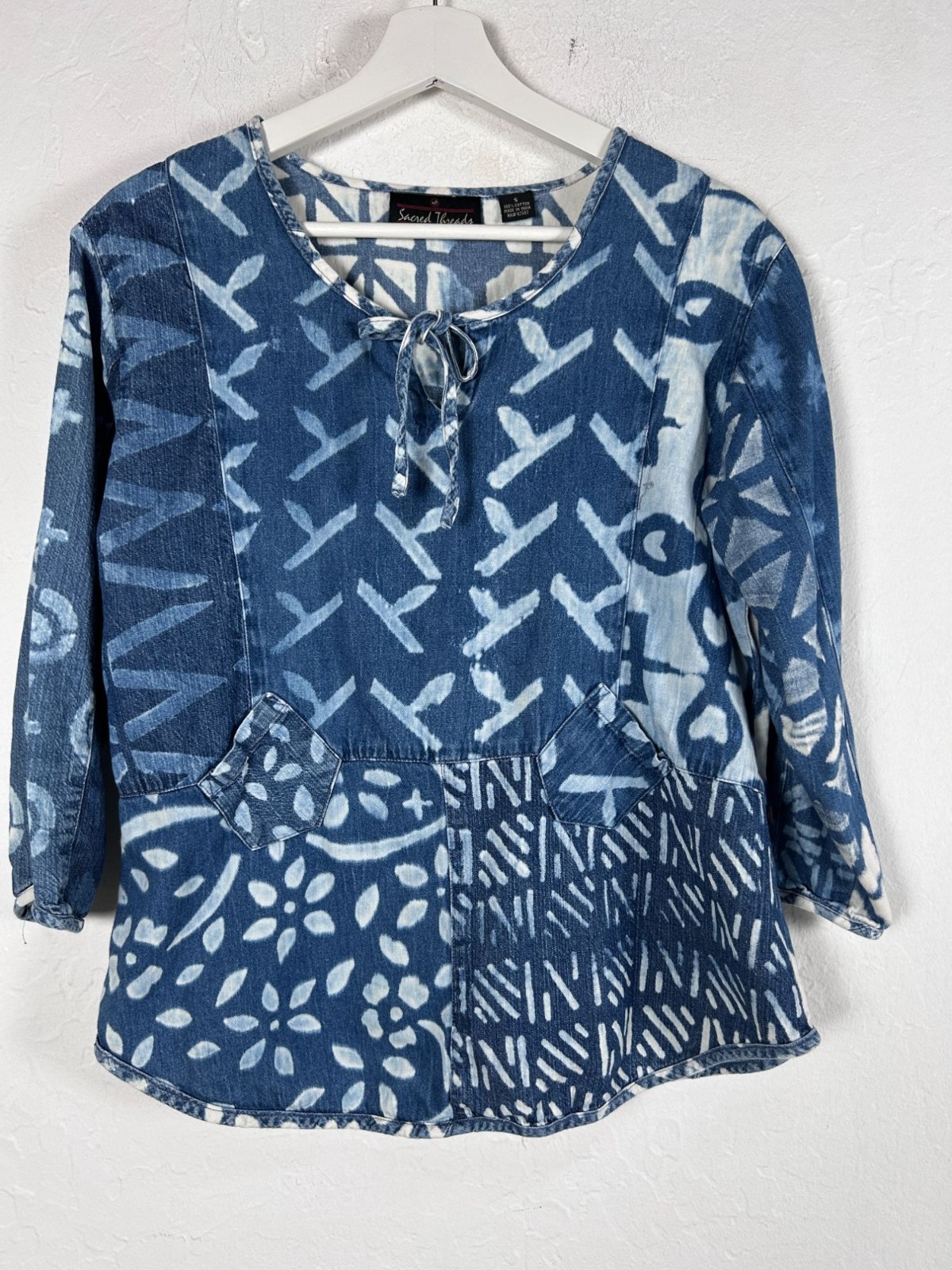 Sacred Threads Womens Patchwork Boho Denim Top Sm… - image 1
