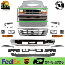 Front Bumper Chrome + Grille & Headlights Kit For 1992-1996 Ford F-Series/Bronco