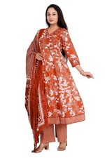 Women's Printed Cotton Anarkali Kurta  Pant With Dupatta Set