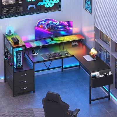 63'' L Shaped Gaming Desk with Power Outlet & LED Lights, Reversible L Shape Desk
