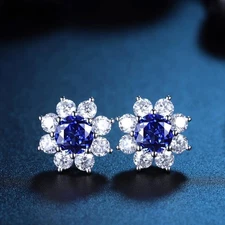 14K White Gold Round Cut 7.20 Ct Natural Blue Sapphire & Diamond Earring Stud