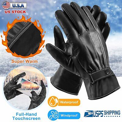 Leather Gloves Full Finger Mens Motorcycle Driving Winter Warm Touch Screen New 