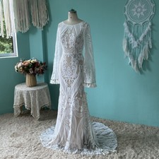Vintage Mermaid Wedding Dresses O-Neck Flare Sleeve Lace AppliqueS Bridal Gowns