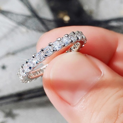 2mm D VVS1 Moissanite Full Eternity Band Wedding Ring Women 925 Sterling Silver - Picture 6 of 18