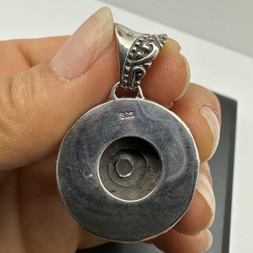 Aquamarine Circle Crystal in Bali/Filigree Sterling Silver 925 Pendant #1027 - Picture 4 of 5