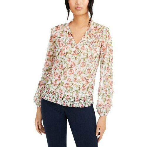 INC Womens Printed Smocked Blouse Ivory combo size XS MSRP $65