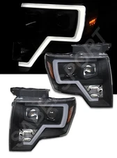 Pair Eagle Eyes Black Headlights w/ LED Tube Bar Halogen Ver. for 2009-2014 F150