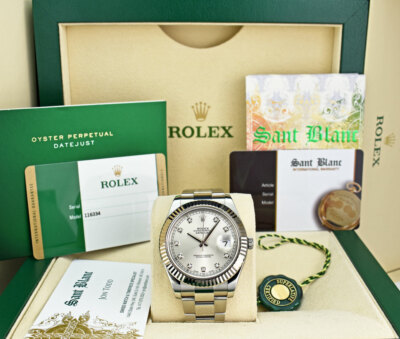 ROLEX - 41mm White Gold & SS DateJust II Silver Diamond CARD 116334 - SANT BLANC