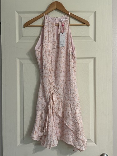 Parker Halter Neck Flowy Silk Pink Floral Ruched Dress Sz 2