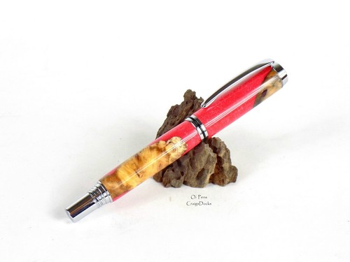 Buckeye Burl Wood Pen Coral Pink Pearl Hybrid Rollerball Chrome 2 Piece Cap Pen - Picture 2 of 8