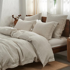 King Size 100 Washed Linen Duvet Cover Set with Embroidery, 3 Pieces, Natural