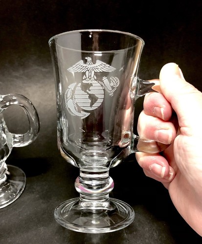 Vtg USA Beverage Coffee Hot Toddy Glass Etched Marine Military Cups Mugs Set 2 - Picture 2 of 16