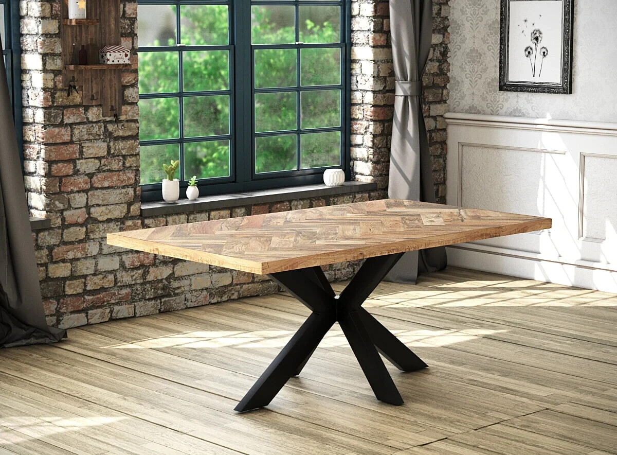 Rectangle Solid Mango Wood Dining Table Herringbone, Black Spider Legs  180cm