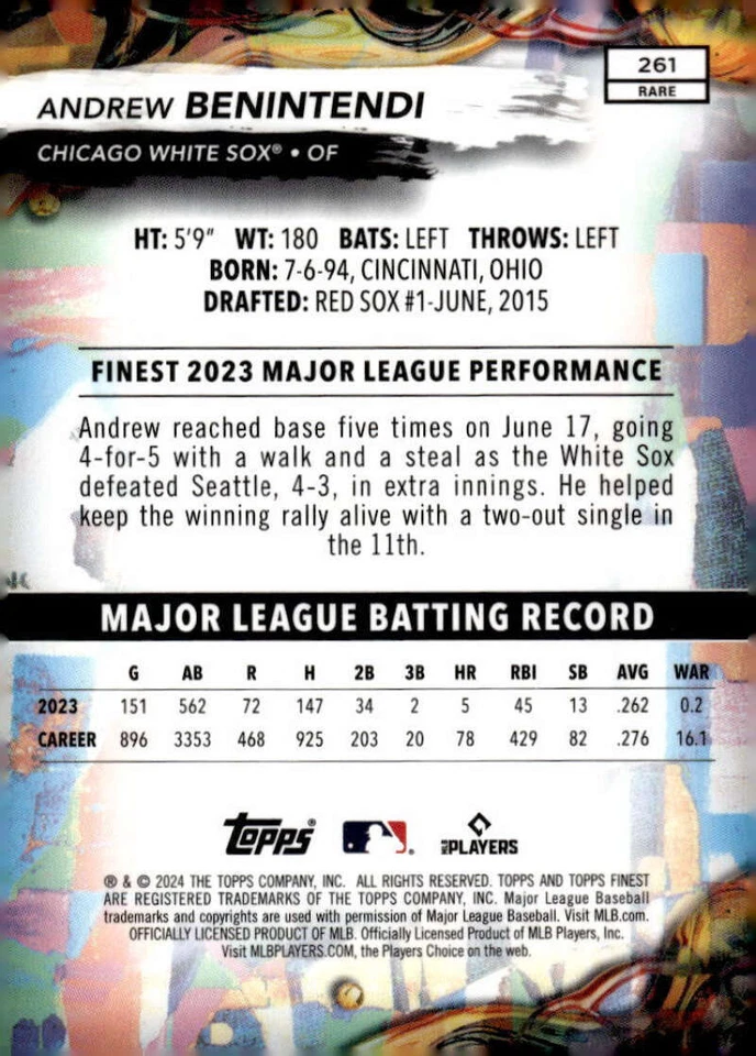 ANDREW BENINTENDI 2024 Finest Refractor Checkerboard #261 Rare White S ID:110118 - Image 2 of 2