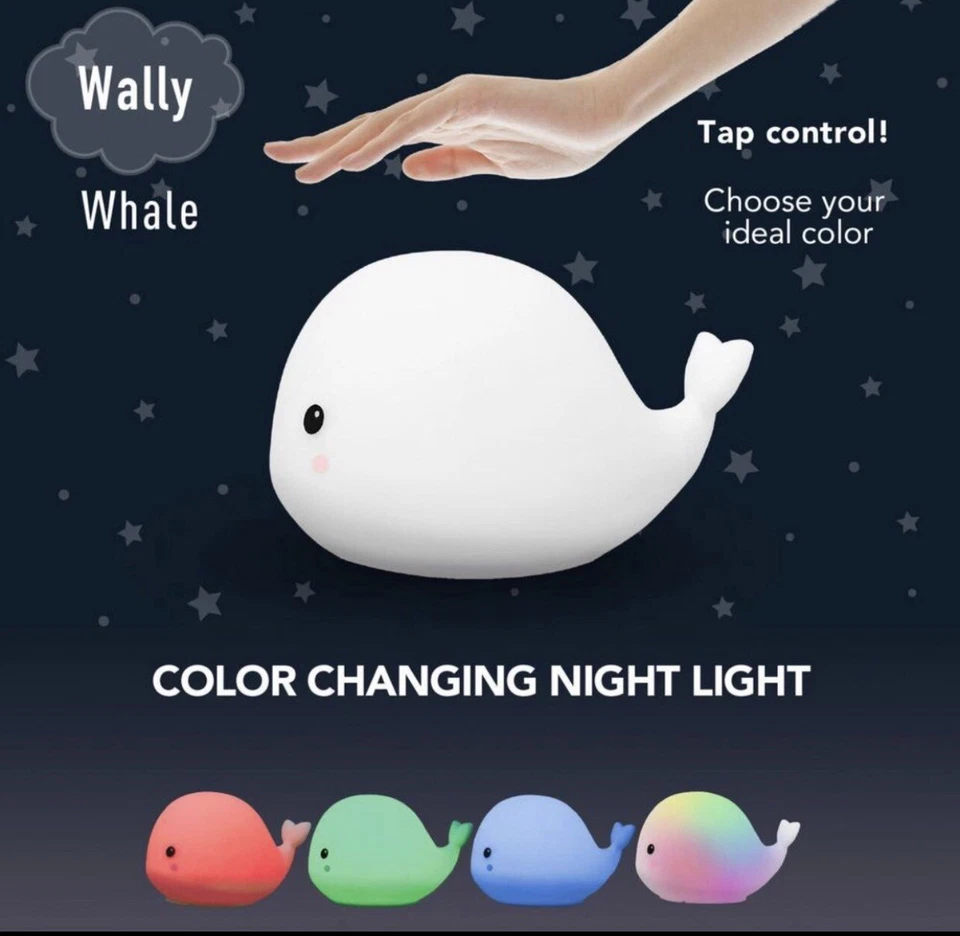 Wally Whale Blanco Multicolor Cambiante LED Recargable Silicona Luz Nocturna Nuevo Foto 2 de 4