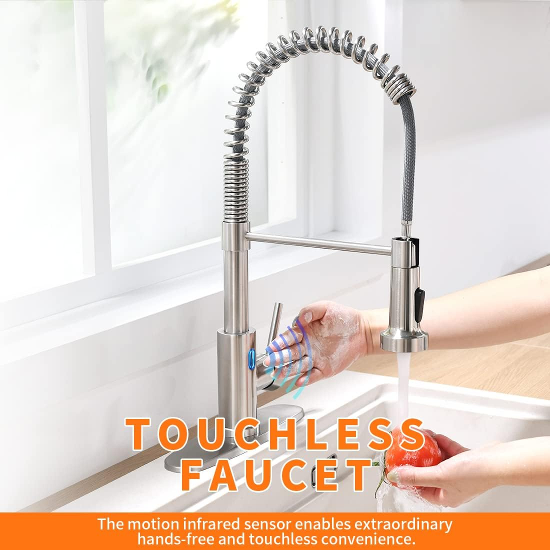 Touchless Kitchen Faucet With AC Adapter – Smart Motion Sensor Hands Free, Pull Down Sprayer, Brushed Nickel, Dual Power Mode