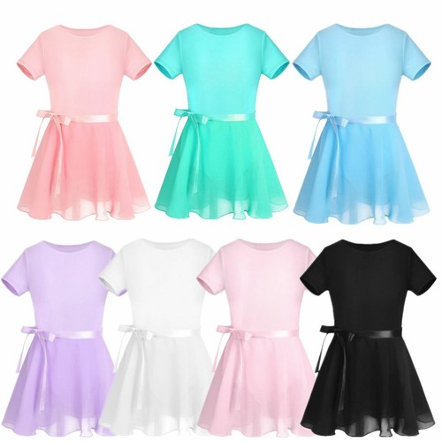 Kids Girls Ballet Dance Dress Short Sleeves Leotard Jumpsuit Ruffled Skirts Set - Bild 1 von 36