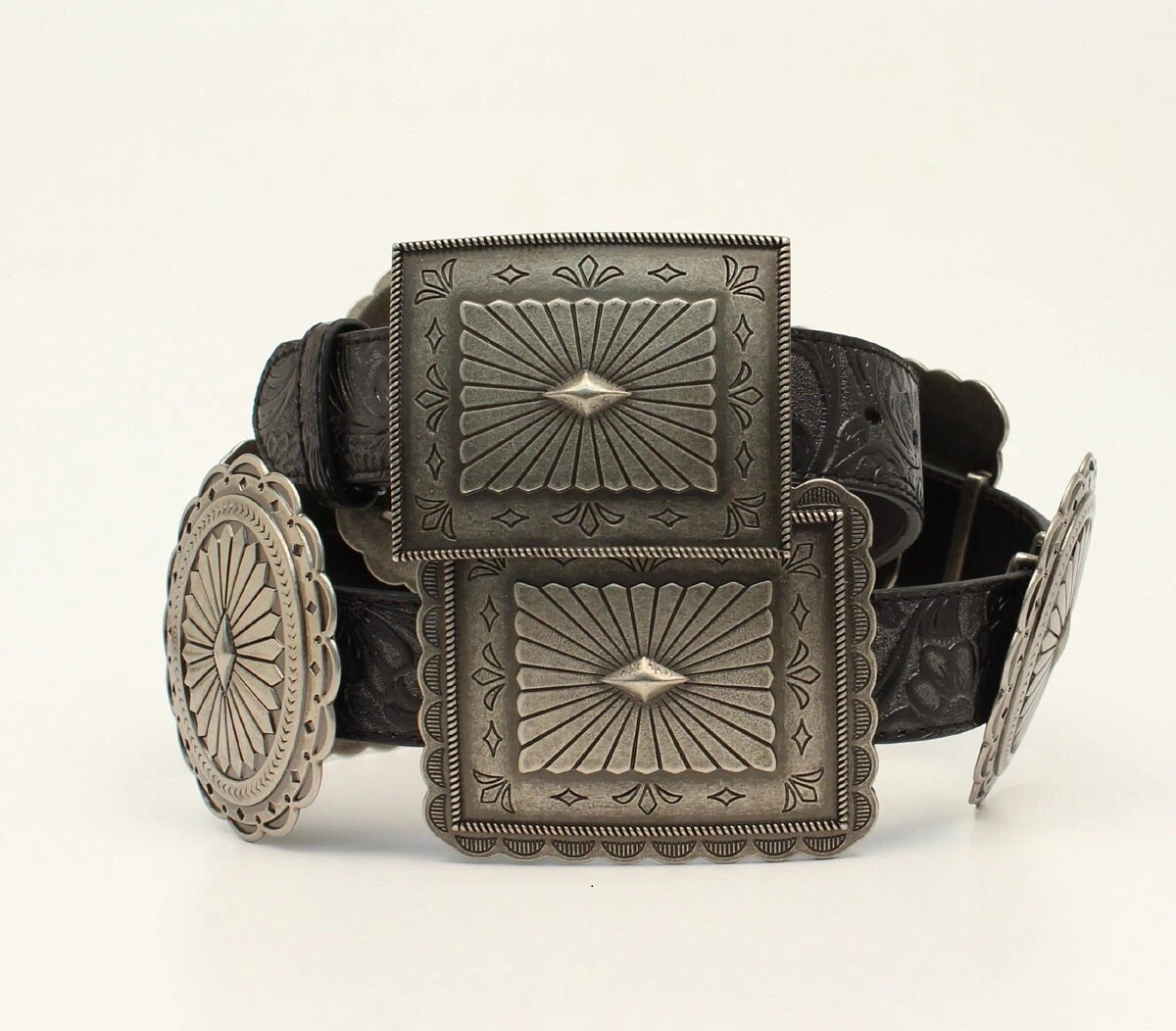 Western Beautiful Black and‎ Silver Leather Concho Belt Cancer Free Ribbon Western Silver Engraved Texas Star Conchos Genuine Leather  main image 2