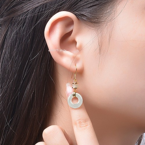 Real 925 Sterling Silver Natural A Grade Jadeite Icy Species Earrings Dangle - Picture 3 of 5