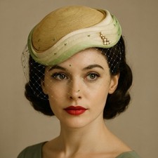 Vintage 1950s Ombre Silk  Straw Pillbox Hat Rhinestone Clip With Mesh Veil 22.5