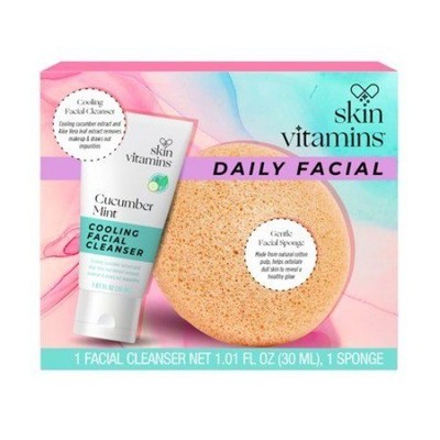 SKIN VITAMINS Daily Facial Cleanser & Gentle Konjac Sponge Set Cucumber Mint Kit