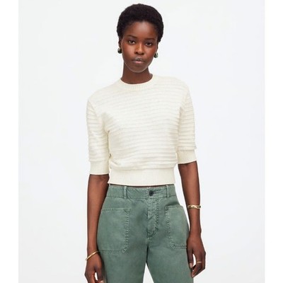 Madewell Textural-Stitch Cotton Sweater WMNS 2XS Cream Ribbed Trim Short Sleeve