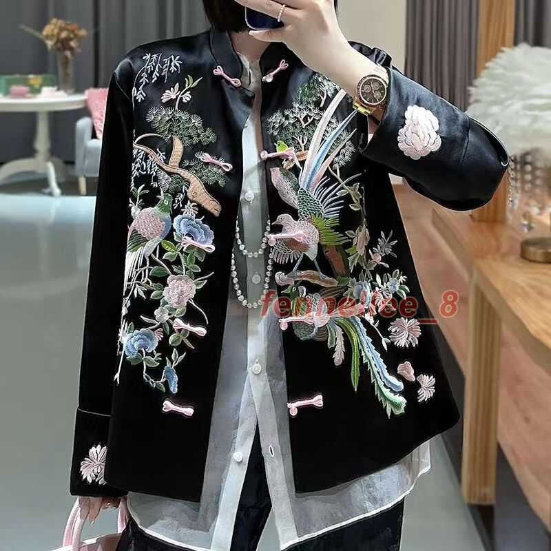Ethnic Women Retro Embroidered Flower Birds Satin Chinese Style