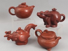 4 Vintage Japanese Yixing Zisha Ware Rabbit Rooster Chicken Pottery Teapots, NR