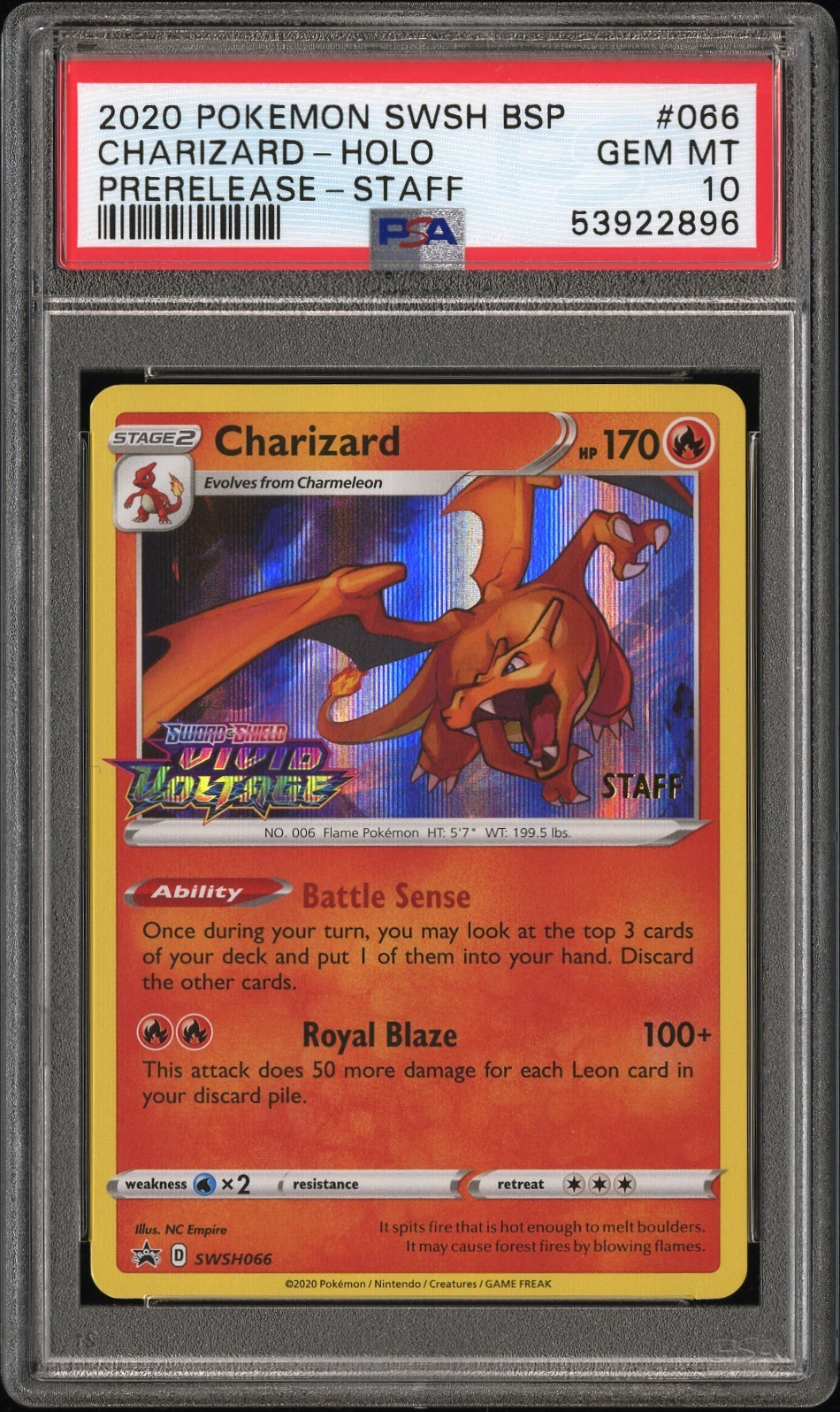 2020 POKEMON SWSH BLACK STAR PROMO PRERELEASE-STAFF #066 CHARIZARD-HOLO PSA 10