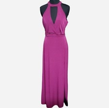 Forever 21 Maxi Dress Womens Large Pink Violet Side Slit Halter Open Back Tie