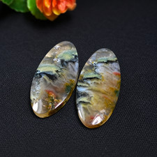 Natural Moss Agate Cabochon Pair 33x15x5mm Ea...