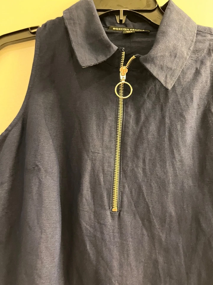 Vestido recto Boston Proper mezcla de lino azul marino con cuello, talla S Foto 2 de 4