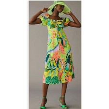 Farm Rio Anthropologie Tropical Collage Linen Midi Dress Puff Sleeve XS Garden