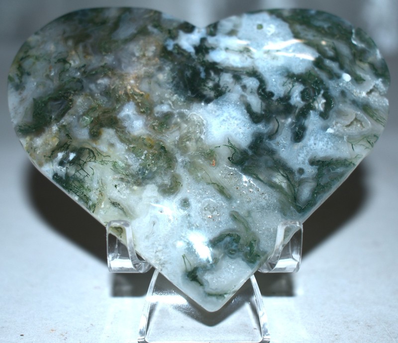 Pretty Moss Agate Heart w/Druzy & Stand 3.75"/166 Grams