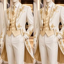Men's Suits White Tailcoat Tuxedo 2 Piece Gold Embroidery Wedding Groom Custom