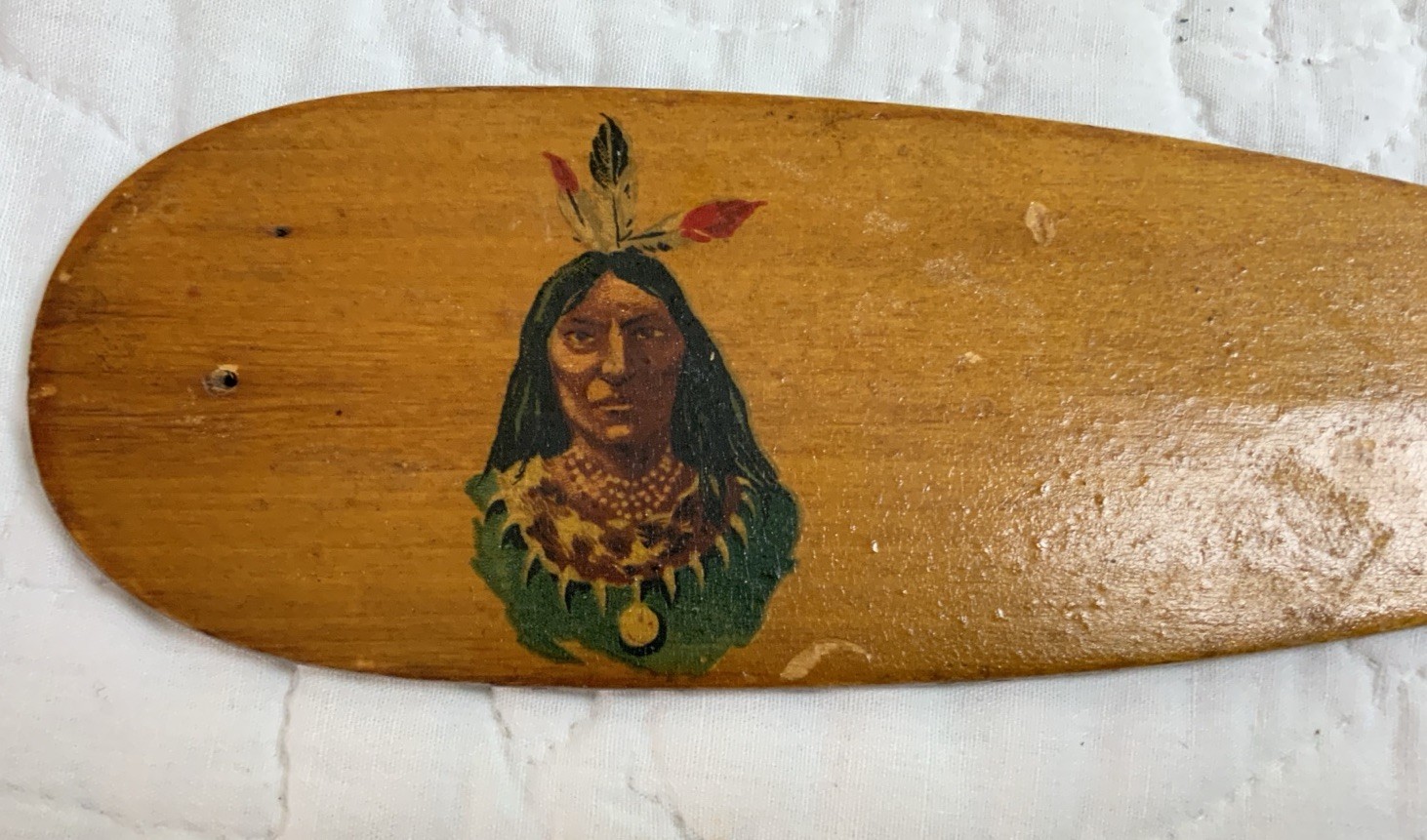 Antique Souvenir Canoe Paddle, Hand Made, 1900’s, Indian W/ Feathers, Wood, 18”