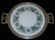 Antike Jugendstil Tortenplatte von 1921, alt, Metallmontur; Keramik ohne Sprünge