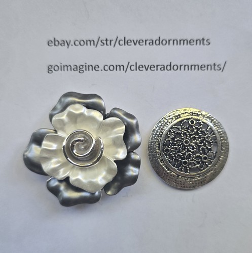 Floral 2-tone Gray, White Swirl Metal MAGNETIC brooch. Flower Scarf magnetic pin - Picture 8 of 9