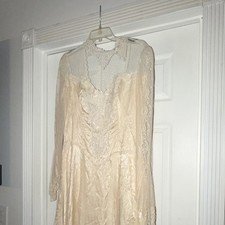 Vintage 70s Susan Lane Country Elegance Lace Wedding Dress Peach Ivory Med