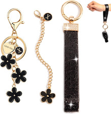 3-PC Initial Letter Keychain Set Black Flower Rhinestone Wristlet Cute Car Purse